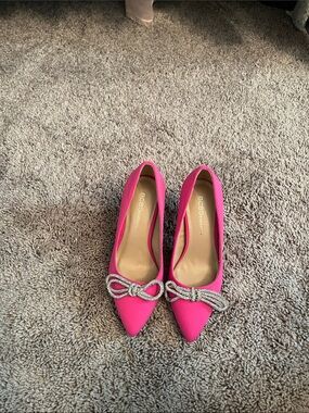 BCBG Hot Pink Pointed Toe Pumps with Rhinestone Bow